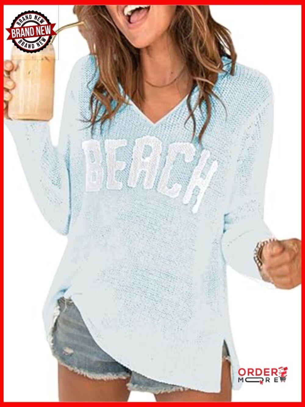 Women's Letter Print Knit Cover Up V-Neck Long Sleeve Sweater